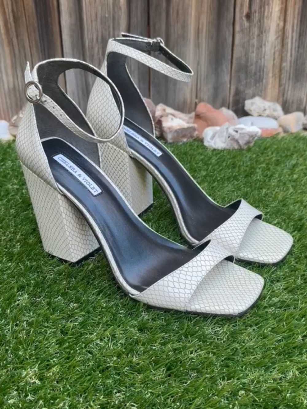 Chelsea & Violet Cream Textured Block Heel Sandals with Ankle Strap